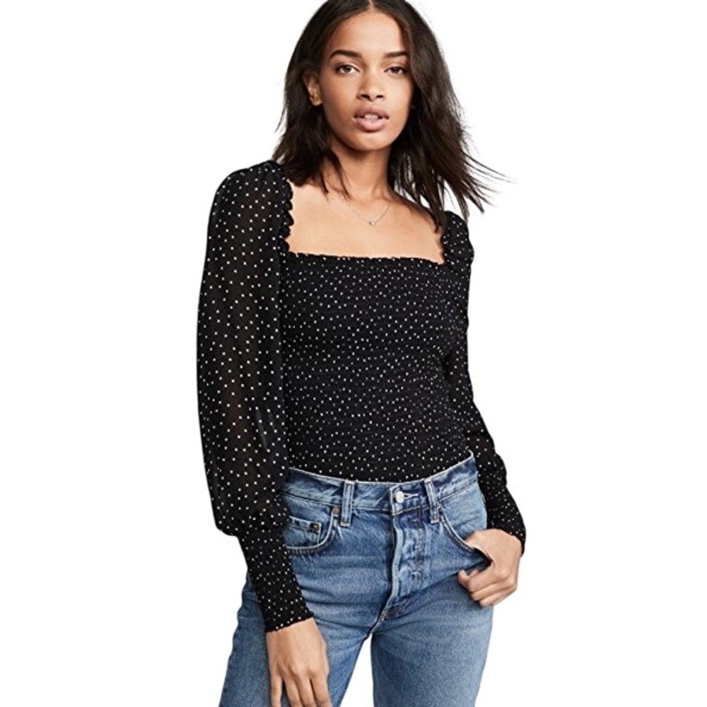 Reformation Women's Pinto Polka Dot Long Sleeve Square Neckline Blouse Size S‎